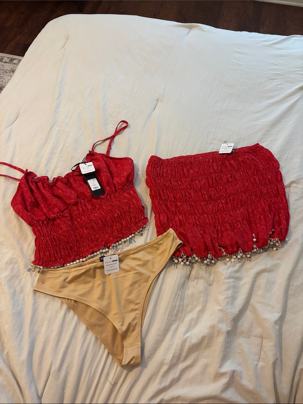 Fashion Nova Red Smocked Tube Top & Skirt Set with Beige Bikini Bottom